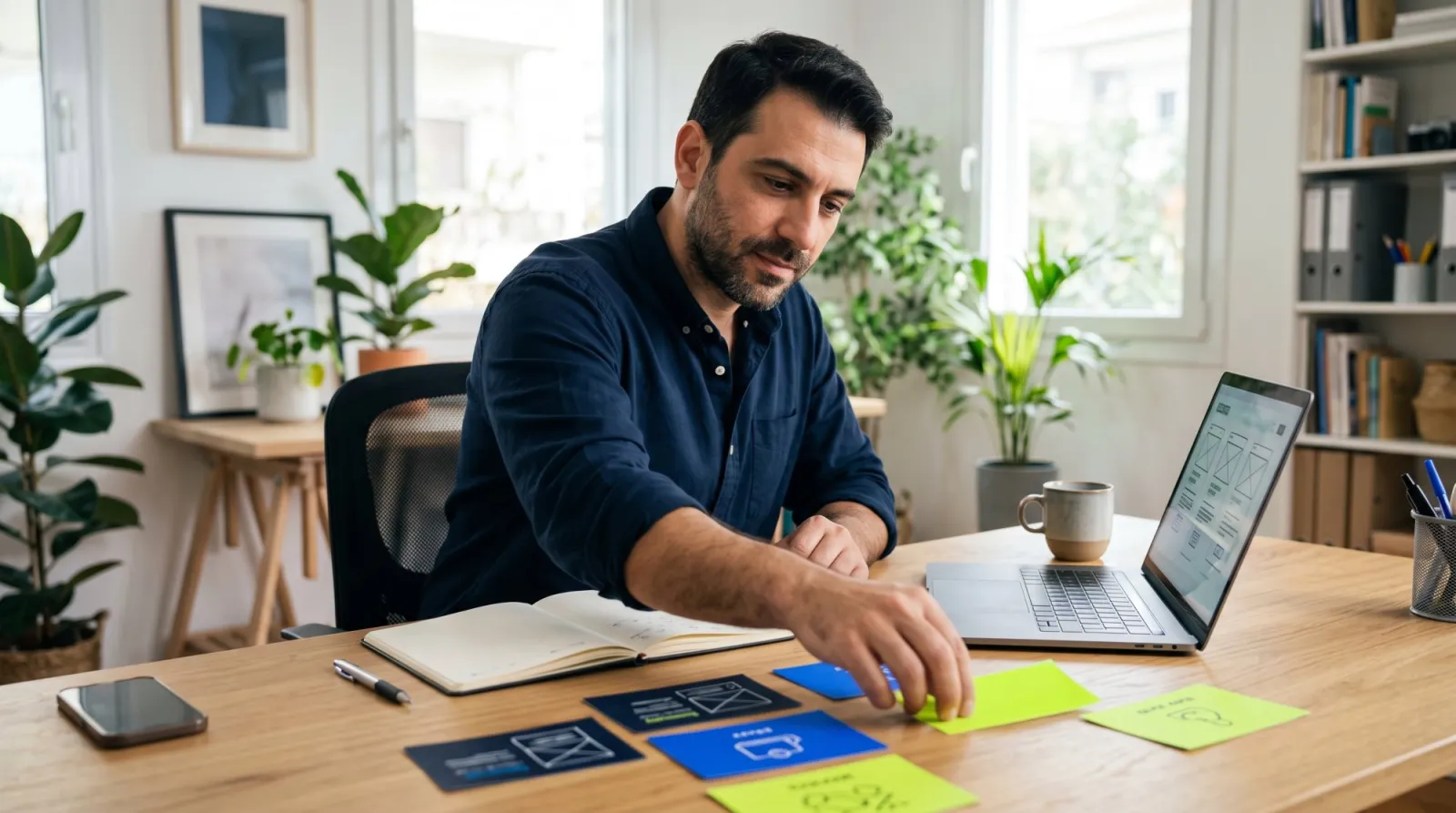 Website development planning with a business owner choosing services to highlight